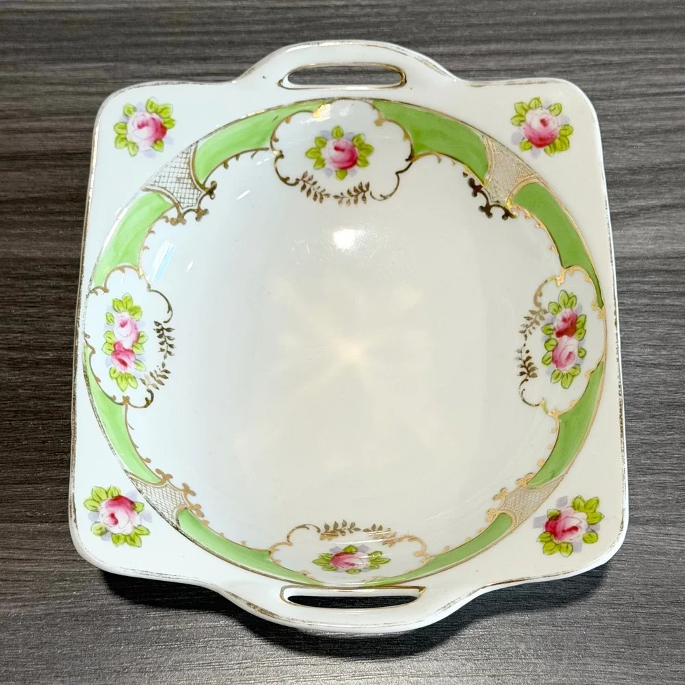 Antique Nippon Hand Painted Porcelain Handled‎ Bowl Floral Pink Rose Gold Gilt